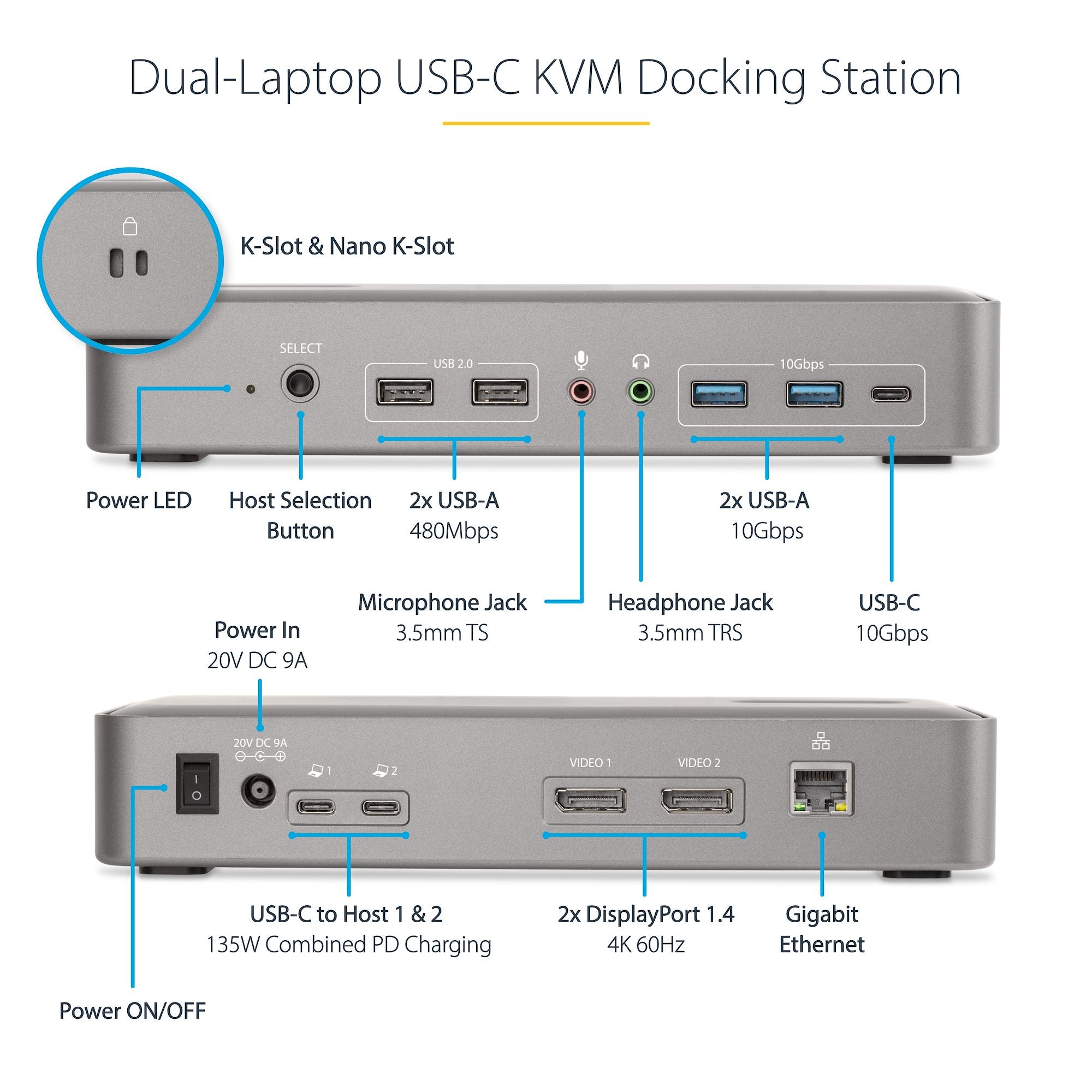 StarTech Dual-Laptop USB-C KVM Docking Station, Dual Monitor 4K 60Hz DisplayPort Dock | 129UE-USBC-KVM-DOCK - Image 9
