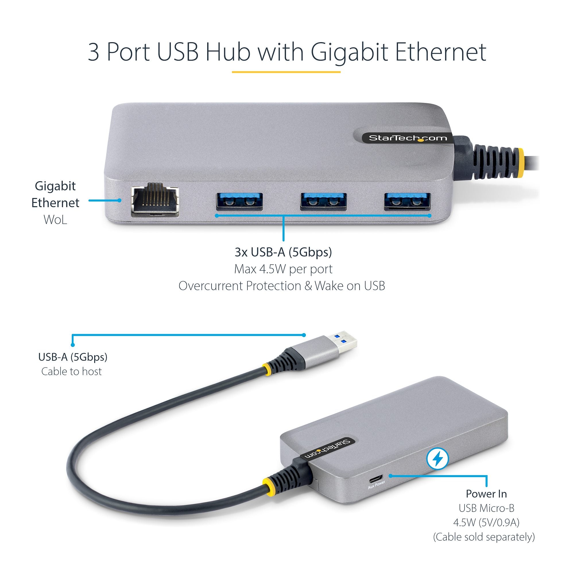 StarTech 5G3AGBB-USB-A-HUB 3-Port USB Hub with Ethernet - 3x USB-A Ports - Gigabit Ethernet (RJ-45) - USB 3.0 5Gbps - Bus-Powered - 1ft/30cm Long Cable - Portable Laptop USB Hub Adapter w/ GbE - Image 7
