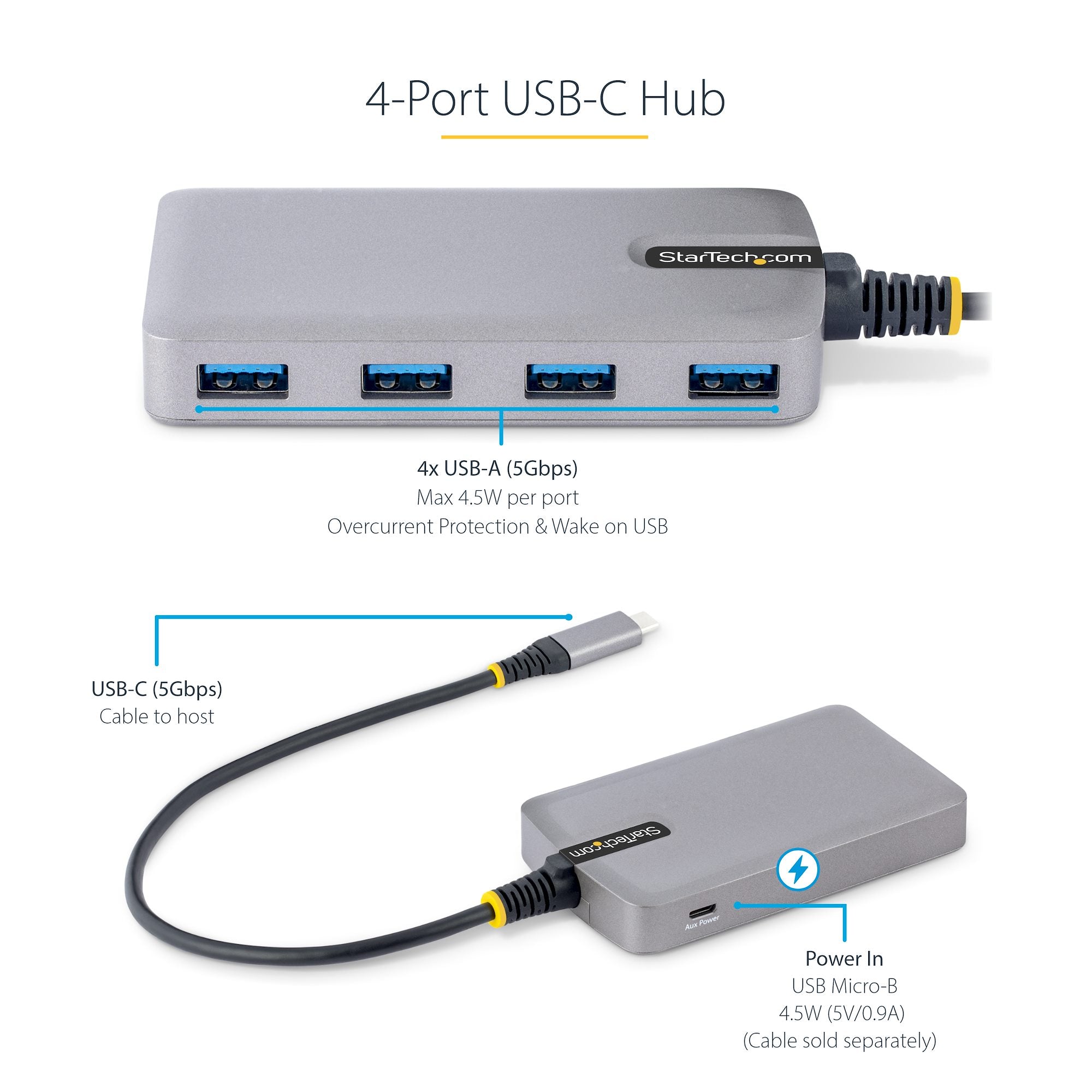 StarTech 5G4AB-USB-C-HUB 4-Port USB-C Hub - 5Gbps - Bus Powered - USB C to 4x USB-A Hub w/ Optional Auxiliary Power Input - Image 7