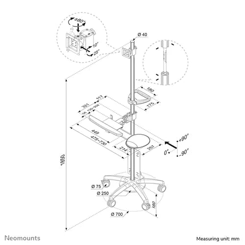 Neomounts 10" - 27" Mobile Work Station Floor Stand/Trolley | FPMA-MOBILE1800 - Image 3