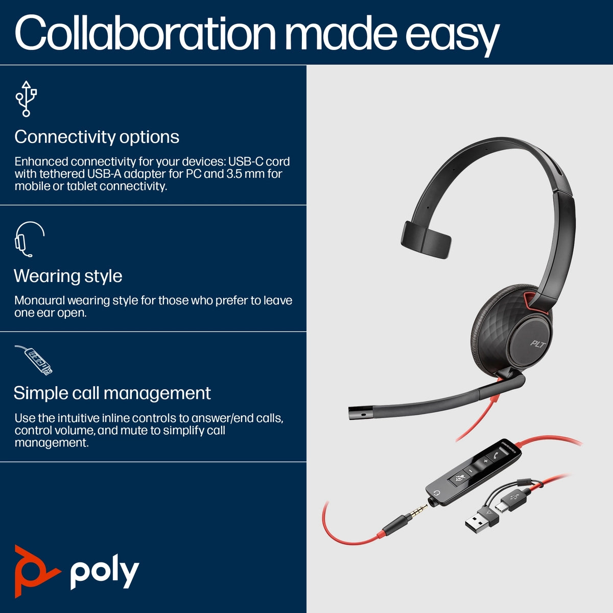 Poly Blackwire 5210 Monaural USB-C Headset + 3.5mm Plug + USB-C/A Adapter | 8X230A6 - Image 3