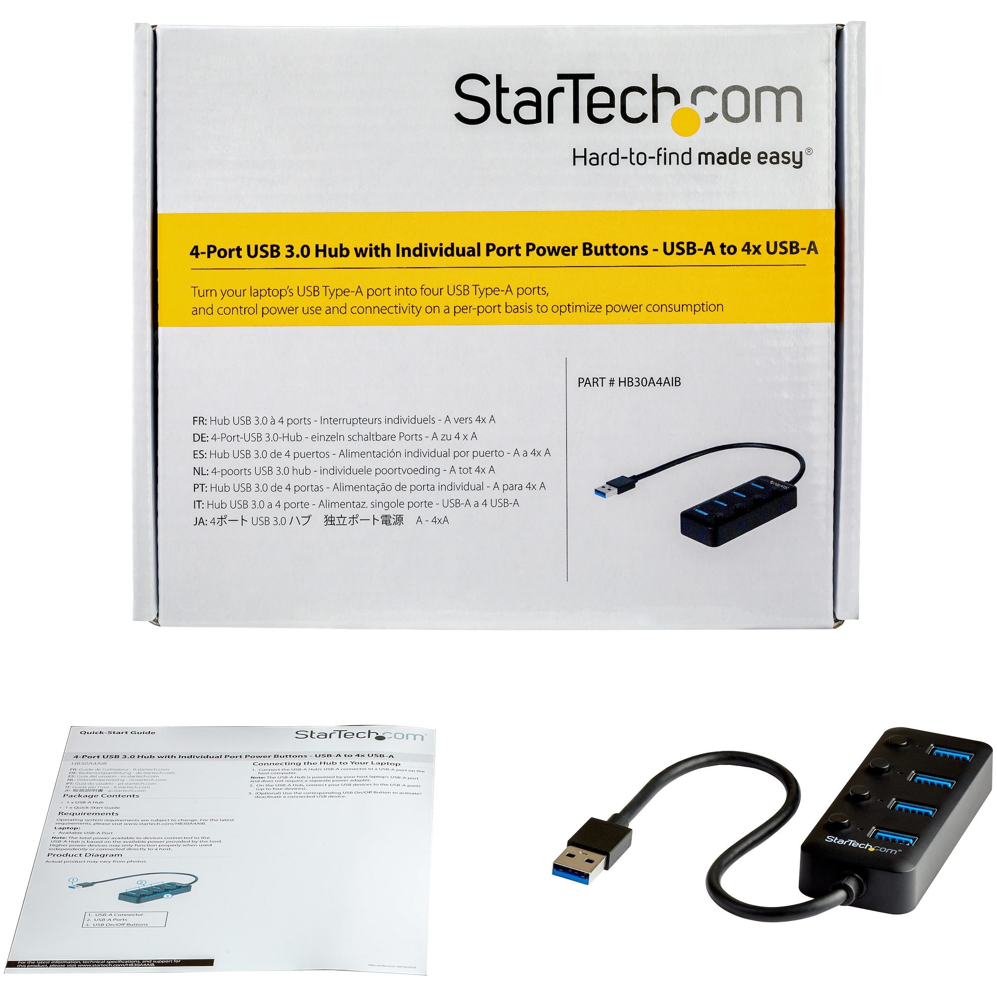 StarTech HB30A4AIB 4 Port USB 3.0 Hub - USB-A to 4x USB 3.0 Type-A with Individual On/Off Port Switches - Image 4