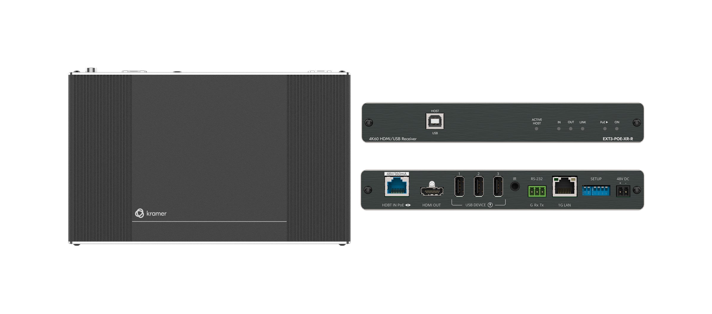 Kramer Electronics EXT3-POE-XR-R 4K60 4:4:4 Receiver with Bidirectional PoE, USB, Ethernet, RS-232, & IR over Extended-Reach HDBaseT 3.0 - Image 2