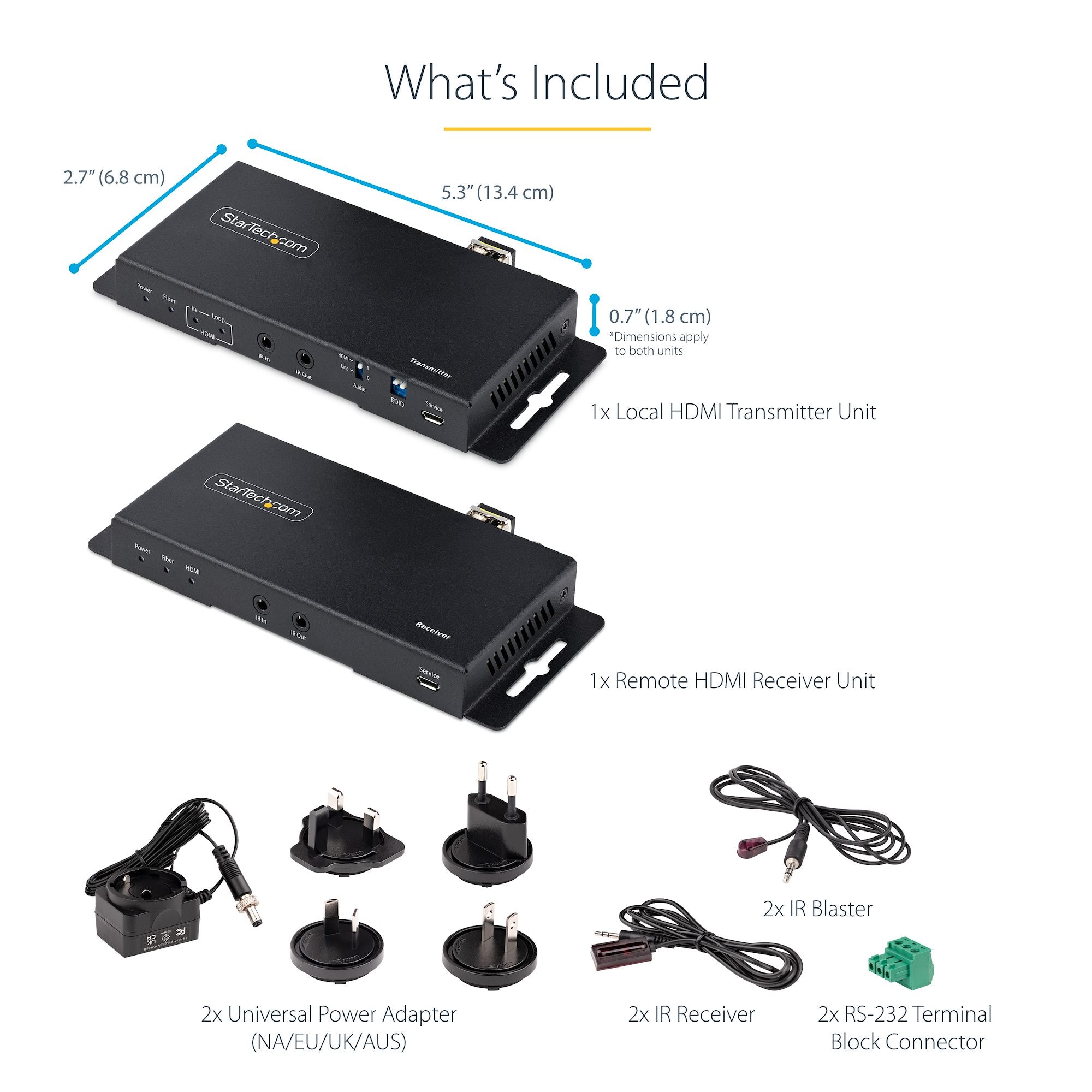 StarTech ST121HD20FXA2 4K HDMI over Fiber Extender Kit, 4K 60Hz up to 3300ft/1km (Single Mode) or 1000ft/300m (Multimode) LC Fiber Optic, HDR, HDCP, 3.5mm Audio/RS232/IR Extender, Transmitter and Receiver Kit - Image 11