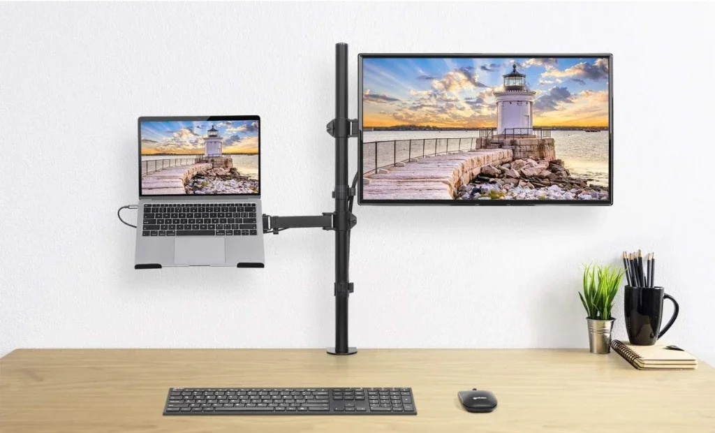 Manhattan 462136 TV, Monitor & Laptop Combo Desk Mount, Full Motion, 10–27"